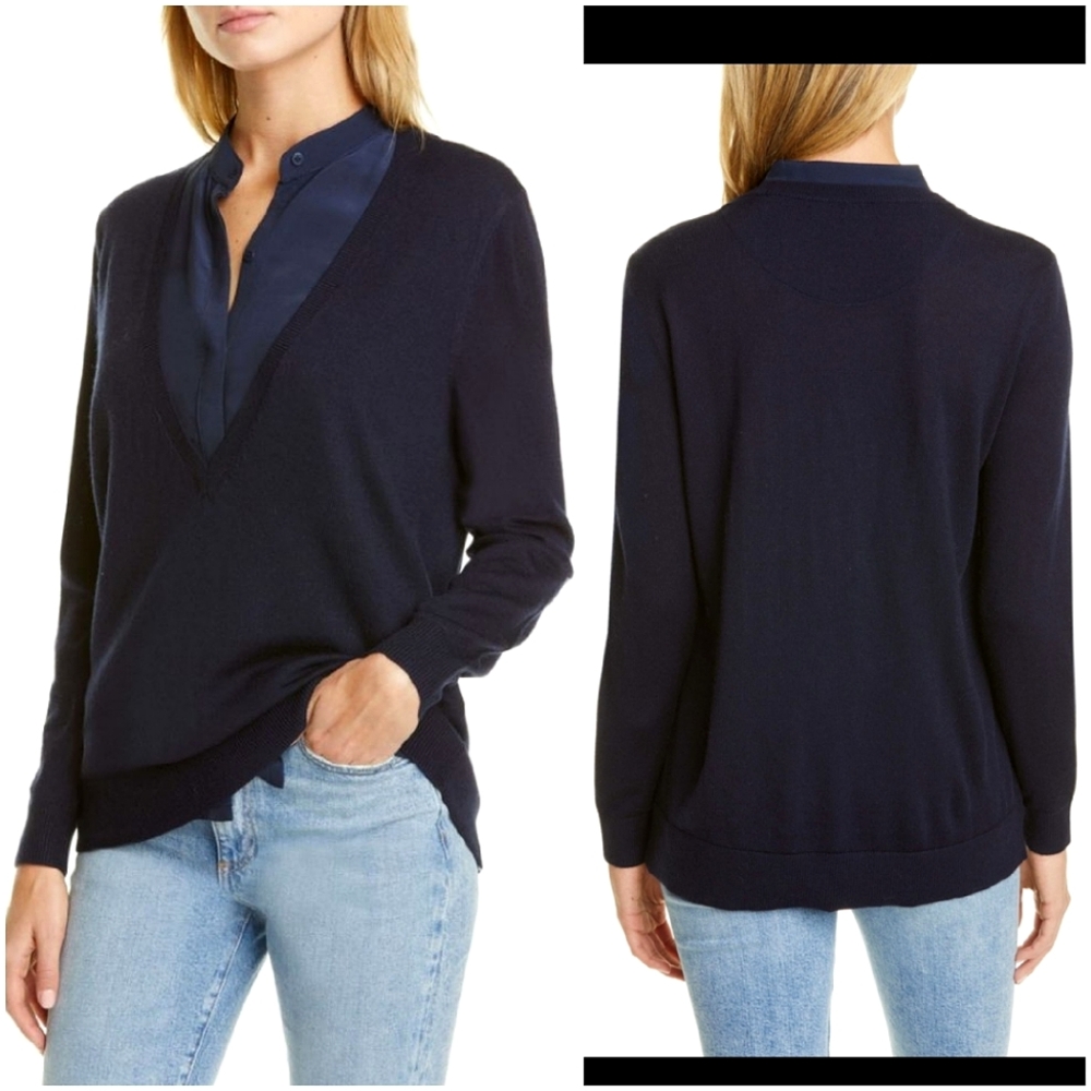 New CLUB MONACO Navy Mixed- Media Attached Button Down shirt w/ V-Neck sweater